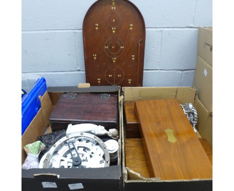 A wooden bagatelle board, wooden boxes, artist materials, clock, etc. **PLEASE NOTE THIS LOT IS NOT ELIGIBLE FOR IN-HOUSE POS