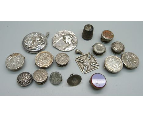 A collection of bachelor button studs, mostly silver, brooches, lockets, etc. 