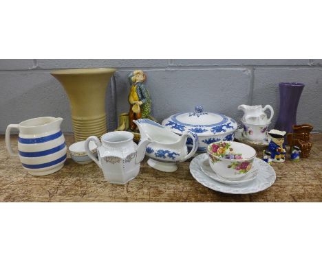 A collection of ceramics including Wedgwood Jasperware, Spode, Foley Cube tea wares, commemorative royalty items, etc. **PLEA