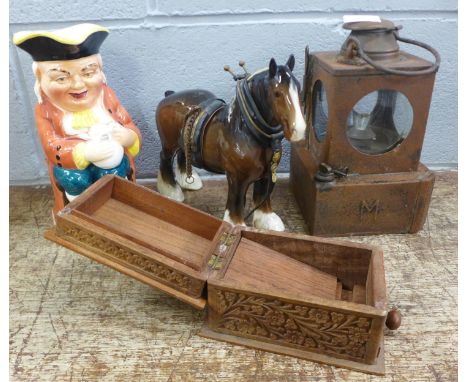 A Toby jug, a Shire horse, an Indian carved box and a railway lamp **PLEASE NOTE THIS LOT IS NOT ELIGIBLE FOR IN-HOUSE POSTIN