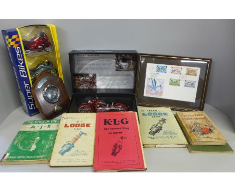 A model Triumph Speed Twin Motorcycle, an Isle of Man TT FDC, vintage motorcycle books, a superbikes model set, boxed and a B
