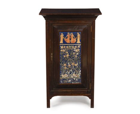 ENGLISH SCHOOL  AESTHETIC MOVEMENT STAINED BEECH MUSIC CABINET, CIRCA 1890   the moulded top above single door enclosing shel