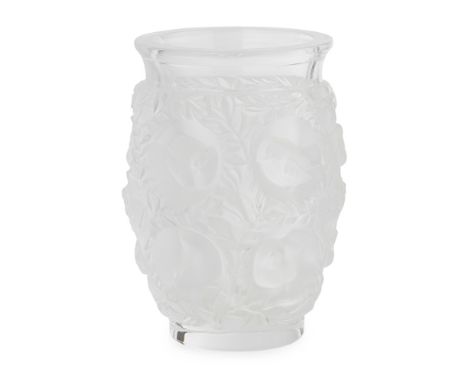 LALIQUE, FRANCE  'BAGATELLE' PATTERN CLEAR AND FROSTED GLASS VASE, DESIGNED 1939, MODERN   moulded with birds perched in foli