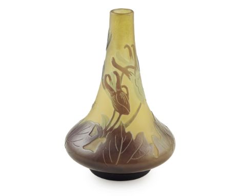 EMILE GALLÉ (1846-1904)  CAMEO GLASS BOTTLE VASE, CIRCA 1910   the frosted glass body overlaid in amethyst and acid etched wi