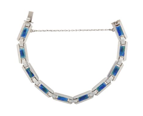 MURRLE BENNETT &amp; CO.  ARTS &amp; CRAFTS SILVER AND ENAMEL SET BRACELET, CIRCA 1905   with rectangular links, stamped make