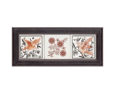 ATTRIBUTED TO CLEMENT HEATON FOR MINTON, HOLLINS AND CO.  GROUP OF THREE AESTHETIC MOVEMENT TILES, CIRCA 1890   depicting bir