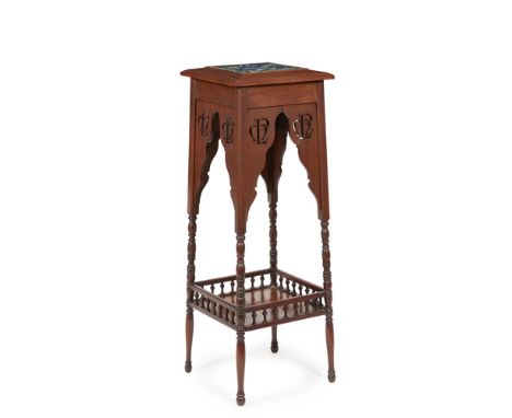 ENGLISH SCHOOL  AESTHETIC MOVEMENT MAHOGANY PLANT STAND, CIRCA 1890   the square top centred with a Pilkington's Iznik tile, 