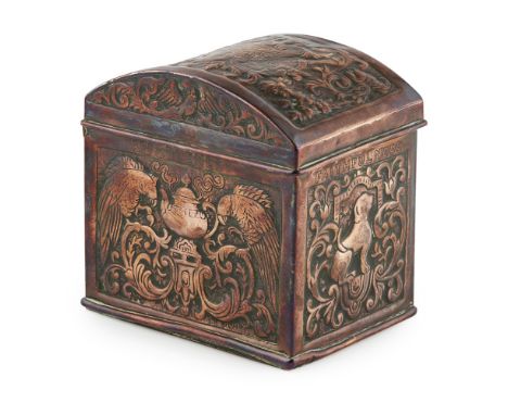 ATTRIBUTED TO ROBERT TEMPLE FOR KESWICK SCHOOL OF INDUSTRIAL ARTS  ARTS AND CRAFTS COPPER TEA CADDY, CIRCA 1895   of rectangu