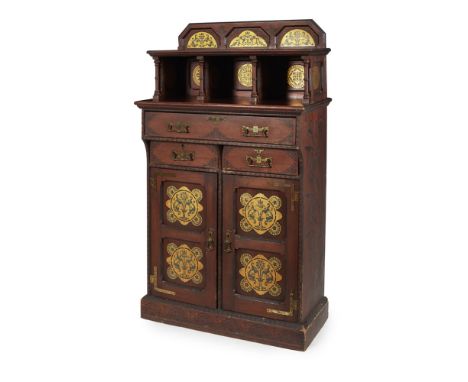 ENGLISH SCHOOL  GOTHIC REVIVAL STAINED PINE SIDE CABINET, CIRCA 1870   the upstand with open shelf raised above an arrangemen