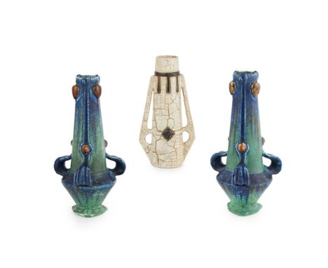 BRETBY ART POTTERY  PAIR OF ART NOUVEAU VASES, CIRCA 1900   each of tall tapered form with applied lugs, impressed maker's ma