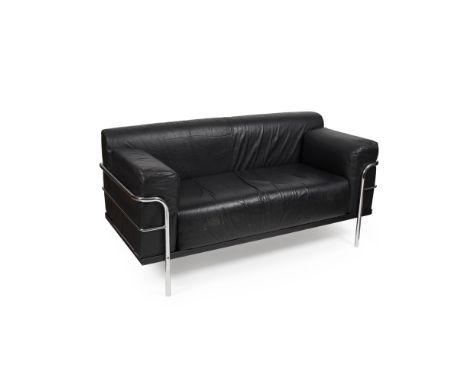 AFTER LE CORBUSIER  LEATHER AND CHROMIUM PLATED SOFA, MODERN   with loose cushions and tubular frame  157cm wide, 86cm high, 