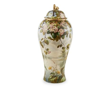 ENGLISH SCHOOL  LARGE AESTHETIC MOVEMENT CERAMIC VASE AND COVER, CIRCA 1880   painted with a continuous frieze of Marsh Marig