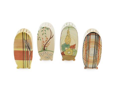 CLARICE CLIFF (1899-1972)  FOUR BONJOUR SUGAR SIFTERS, 1930'S   comprising a BANDED example, 13cm high; a CAPRI example in gr