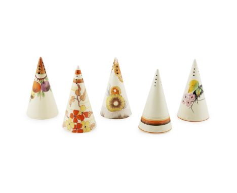 CLARICE CLIFF (1899-1972)  FIVE CONICAL SUGAR SIFTERS, 1930'S   comprising a BANDED example, 13.5cm high, RODANTHE, 13.5cm hi