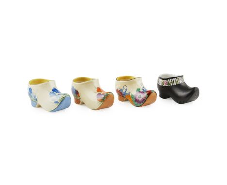 CLARICE CLIFF (1899-1972)  FOUR CLOG VASES, 1930'S   comprising AUTUMN CROCUS, 14cm long; CROCUS, 14cm long; GAY DAY, 14cm lo