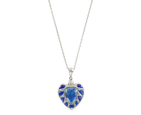 W.H. HASELER LTD.  ART NOUVEAU SILVER AND ENAMEL PENDANT, LONDON 1909   of heart-shaped outline decorated with blue enamels a