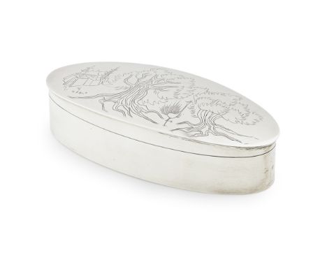 [§] GLASGOW SCHOOL OF ART  ENGRAVED SILVER BOX BY PETER D. R. POWELL, GLASGOW 1961  of oval outline with domed hinged lid, en