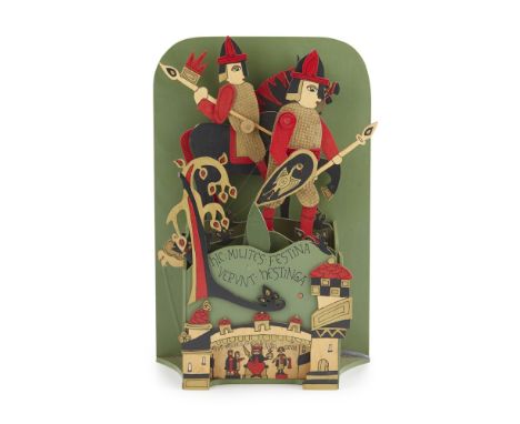 [§] VICKI WOOD (1943-2010)  WOODEN AUTOMATON, CIRCA 1985   depicting the Bayeux Tapestry  40cm high