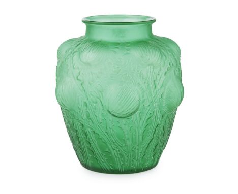 RENÉ LALIQUE (1860-1945)  'DOMRÉMY' FROSTED AND OPALESCENT GLASS VASE, INTRODUCED 1926   of shouldered tapering form, traces 