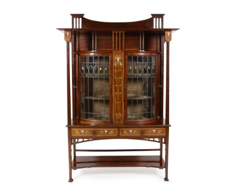 ENGLISH SCHOOL  ART NOUVEAU MAHOGANY AND INLAID DISPLAY CABINET, CIRCA 1900   with twin leaded and glazed doors enclosing she