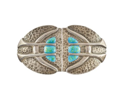 ABRAHALL &amp; BINT, BIRMINGHAM  ART NOUVEAU SILVER AND ENAMEL BELT BUCKLE, LONDON 1909   the hammered ground with panels of 