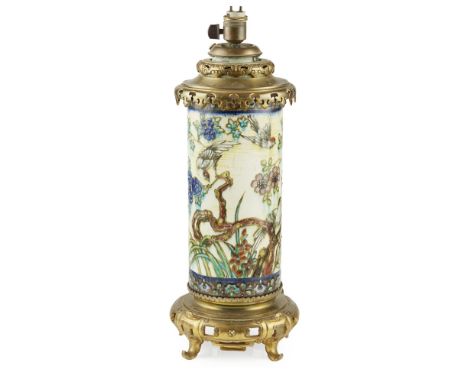 THEODORE DECK (1823-1891)  IZNIK CERAMIC AND GILT BRASS MOUNTED LAMP BASE, CIRCA 1880   of cylindrical form with gilt brass m