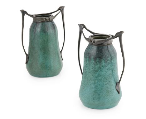 ATTRIBUTED TO OSIRIS  PAIR OF JUGENDSTIL PEWTER-MOUNTED CERAMIC VASES, CIRCA 1900   of tapered form, mounted with twin whipla