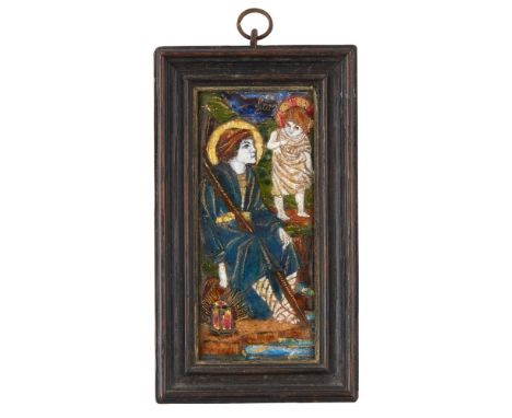 ENGLISH SCHOOL  ARTS &amp; CRAFTS FRAMED ENAMEL PANEL, CIRCA 1890   depicting St Christopher and the Christ Child by the rive
