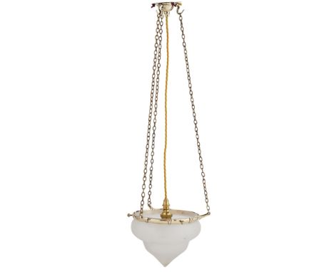 W.A.S. BENSON (1854-1924)  ARTS &amp; CRAFTS BRASS HANGING LIGHT, CIRCA 1900   with shaped brass frame and frosted glass shad
