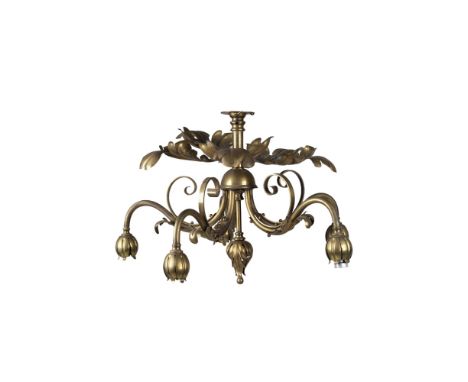 MANNER OF W.A.S. BENSON  ARTS &amp; CRAFTS BRASS CEILING LIGHT, CIRCA 1900   with five scrolling arms centred by a ceiling ro