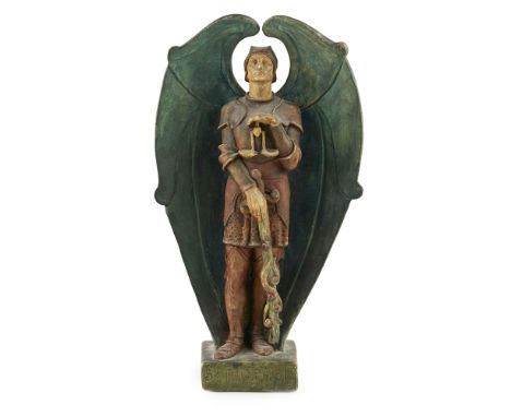 COMPTON POTTERS’ ART GUILD  LARGE POTTERY FIGURE OF ST MICHAEL, CIRCA 1920   painted in tempera, impressed inscription to pli