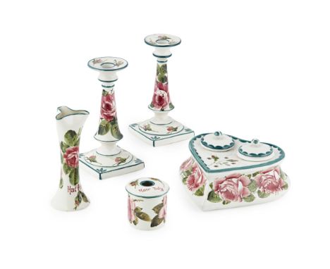 WEMYSS WARE  GROUP OF 'CABBAGE ROSES' WARES, EARLY 20TH CENTURY   comprising a PAIR OF LOW CANDLESTICKS, decorated by Edwin S