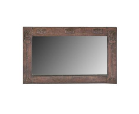 SCOTTISH SCHOOL  ARTS &amp; CRAFTS COPPER OVERMANTEL MIRROR, CIRCA 1900   embossed in low-relief with elongated budding organ