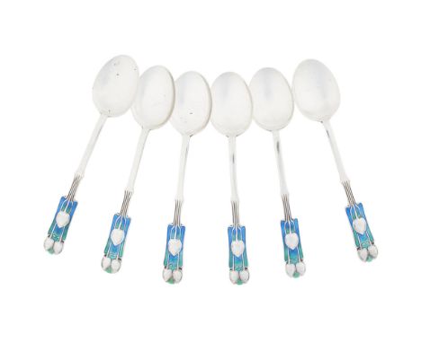 ARCHIBALD KNOX (1864-1933) FOR LIBERTY &amp; CO., LONDON  SET OF SIX 'CYMRIC' SILVER AND ENAMEL COFFEE SPOONS, BIRMINGHAM 192