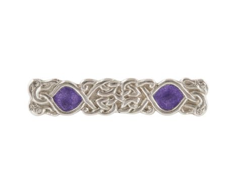ALEXANDER RITCHIE (1856-1941), IONA  CELTIC REVIVAL WHITE METAL AND ENAMEL BAR BROOCH, EARLY 20TH CENTURY   cast with Celtic 