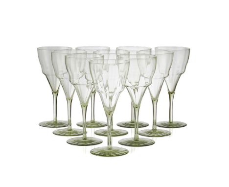 THOMAS GRAHAM JACKSON (1835-1924) FOR JAMES POWELL &amp; SONS  SET OF TEN SEA-GREEN DRINKING GLASSES, CIRCA 1870   each glass