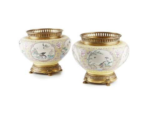 EUGÈNE VICTOR COLLINOT (1824-1889)  PAIR OF GILT METAL-MOUNTED CERAMIC CACHEPOTS, CIRCA 1880   each in the Japanese taste, th