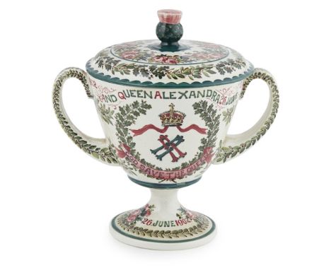 WEMYSS WARE  TWIN-HANDLED COMMEMORATIVE GOBLET AND COVER, DATED 1902   probably decorated by Karel Nekola, depicting the roya