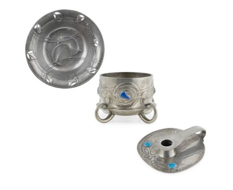 ARCHIBALD KNOX (1864-1933) FOR LIBERTY &amp; CO., LONDON  'TUDRIC' PEWTER AND ENAMEL CHAMBER CANDLESTICK, CIRCA 1900   cast w