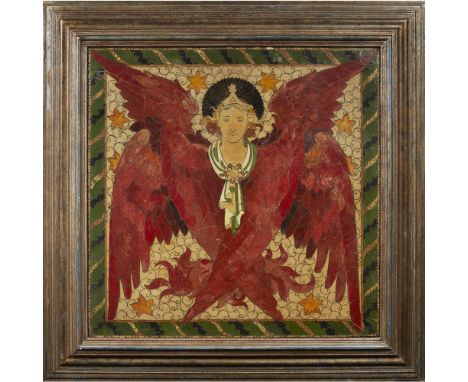 ATTRIBUTED TO CLEMENT HEATON  LARGE ARTS & CRAFTS CLOISONNÉ 'ENAMEL' PANEL, CIRCA 1890  the framed panel centred with the fig