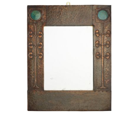 ENGLISH SCHOOL  ARTS &amp; CRAFTS COPPER WALL MIRROR, CIRCA 1900   repoussé-decorated with stylised flowers set with turquois