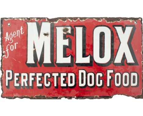 Advertising enamel sign AGENT FOR MELOX PERFECTED DOG FOOD with makers name at the bottom Burnham & Co Deptford. Double sided