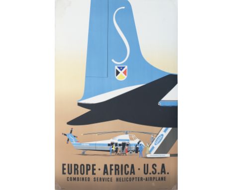 Poster SABENA BELGIUM WORLD AIRLINES EUROPE AFRICA USA COMBINED SERVICE HELICOPTER - AIRPLANE. Double Royal 25in x 40in. In g