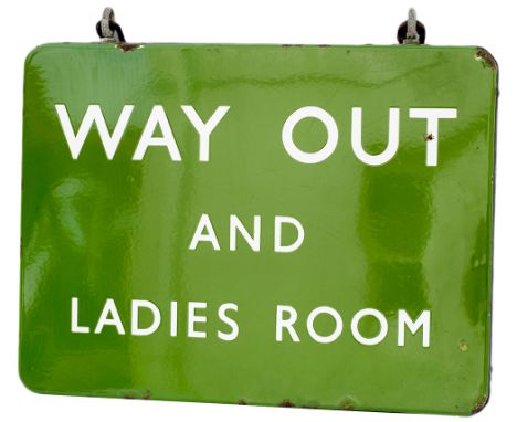 BR(S) FF enamel sign WAY OUT AND LADIES ROOM, double sided and complete with hanging hooks and chains. Measures 24in x 18in a