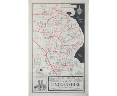 Poster BR(E) A MAP OF LINCOLNSHIRE with small images of major towns, places of interest, etc. Double Royal 25in x 40in. In go