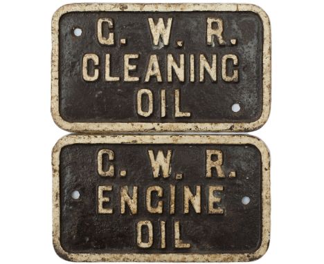 A pair of GWR cast iron plates GWR ENGINE OIL and GWR CLEANING OIL. Both with original paint and both measure 6in x 3.5in.