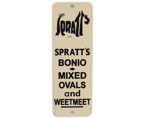 Enamel advertising finger plate sign SPRATT'S BONIO MIXED OVALS AND WEETMEET. Measures 8in x 2.75in and in virtually mint con