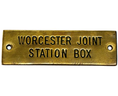 GWR machine engraved brass shelf plate WORCESTER JOINT STATION BOX. In very good condition measures 4.75in x 1.5in.