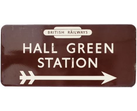 BR(W) FF enamel station direction sign HALL GREEN STATION with British Railways totem at the top and right facing arrow. Meas