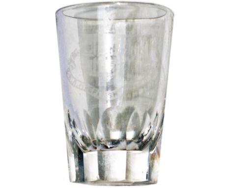 GWR cut glass small shot glass acid etched with GWR twin shield Coat Of Arms and GWR REFRESHMENT DEPARTMENT. In excellent con